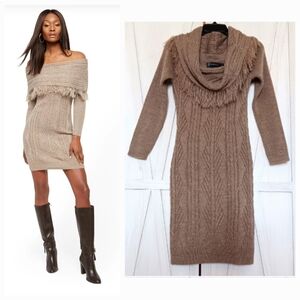 New York & Company Tan Cable Knit Fringe Sweater Dress - S